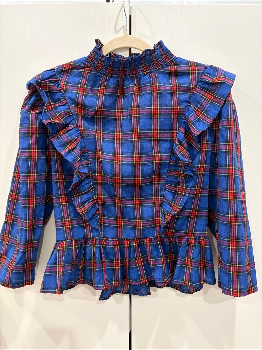 English Factory Blue Plaid Ruffle Peplum Top